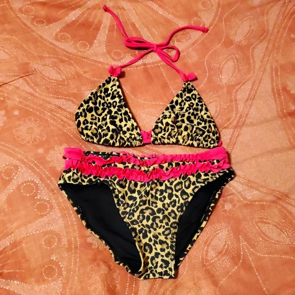EUC Girl's 10 Marina West Leopard with Pink Ruffle & Ties Triangle 2 pc Bikini - Picture 1 of 5